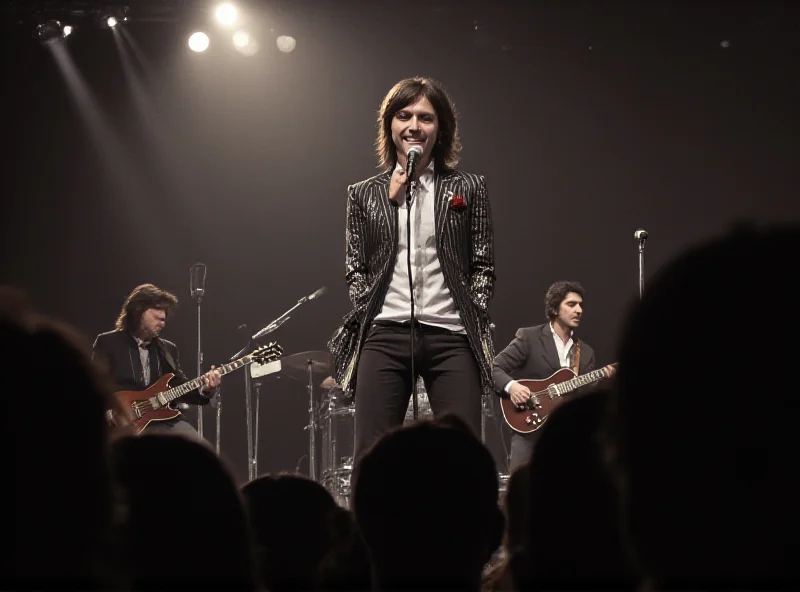 Joey Molland of Badfinger performing on stage, surrounded by bandmates. The image captures the energy and excitement of a live rock concert from the 1970s.