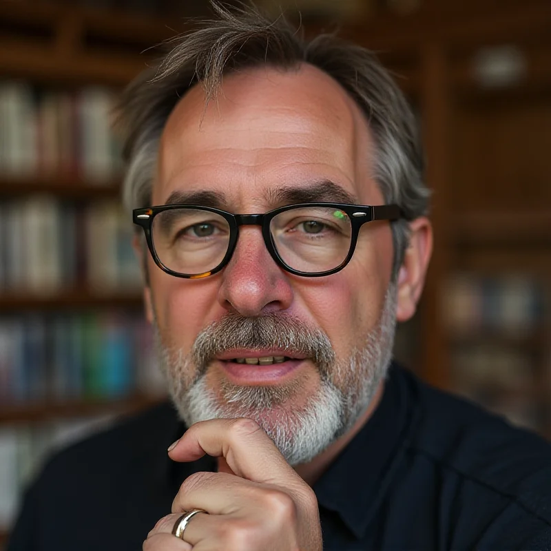 A close-up portrait of Ian Leslie, the author of John & Paul: A Love Story in Songs. He is wearing glasses and has a thoughtful expression on his face. The background is blurred, suggesting a library or bookstore setting.