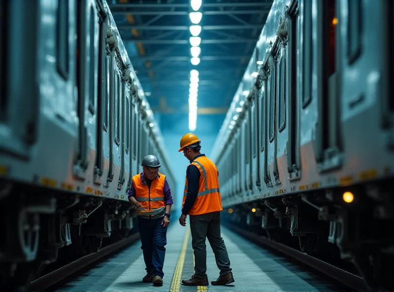 Workers at the Alstom factory in Bruges examining train carriages.