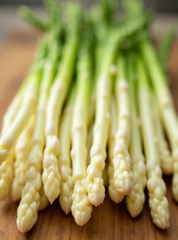 Close up of freshly harvested white asparagus laid out on a table.