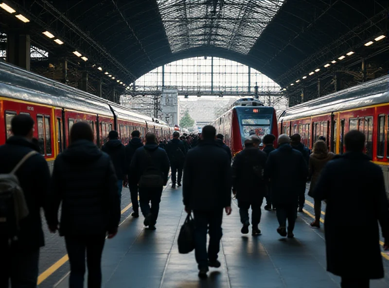 A busy train platform at Brussels North Station during rush hour.