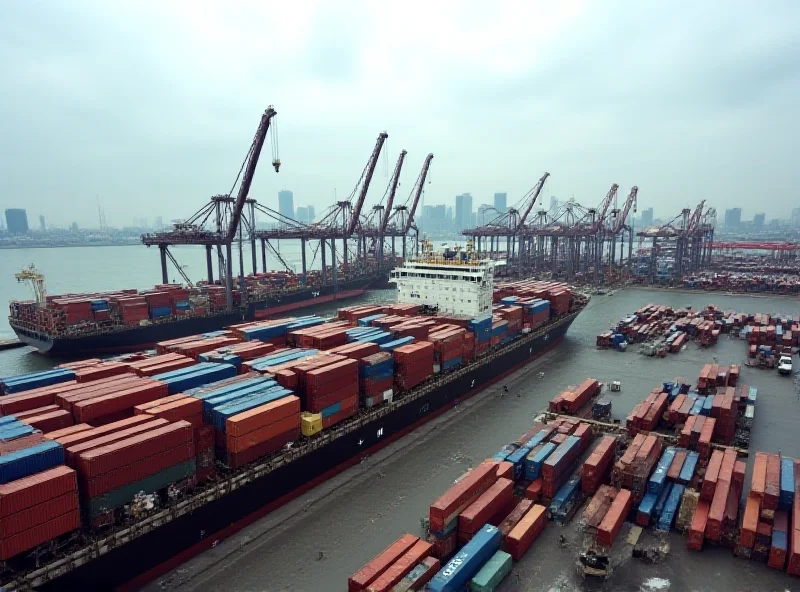Aerial view of shipping containers at a large port, suggesting the flow of goods and international trade. The sky is overcast, and the image has a slightly desaturated color palette to convey a sense of seriousness.