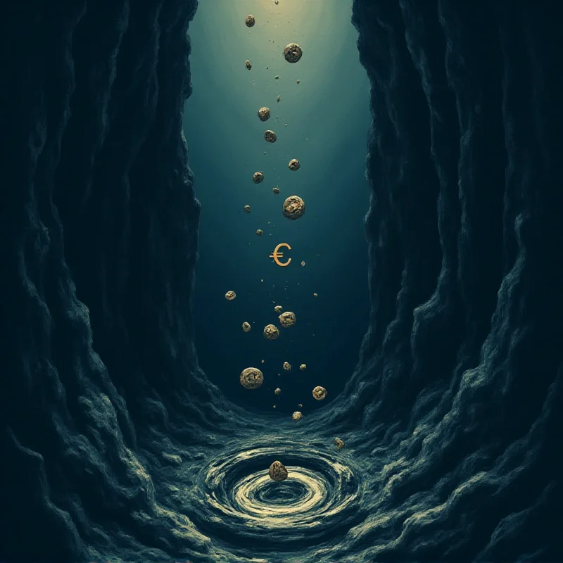 A digital illustration representing financial loss, with euro symbols (€) falling into a dark abyss. The overall tone is somber and conveys the seriousness of the financial fraud.