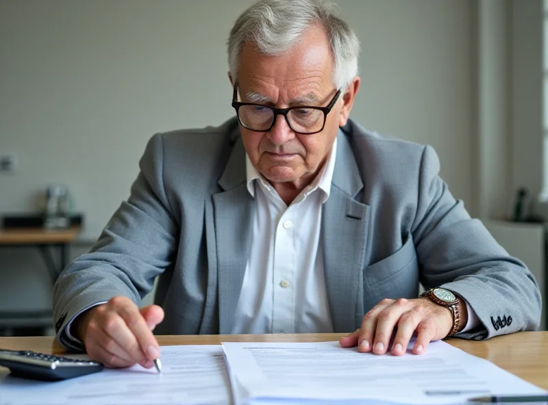 A senior person checking documents at a table.
