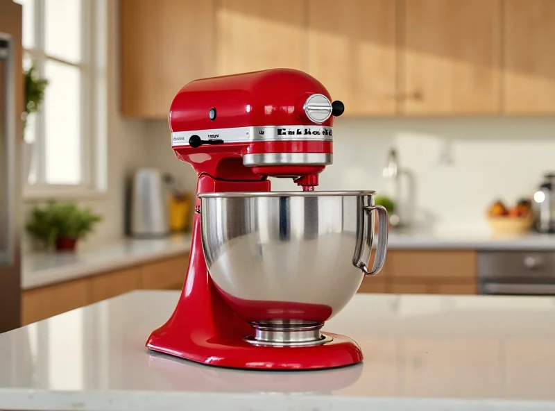 A red KitchenAid bowl-lift stand mixer on a kitchen counter.