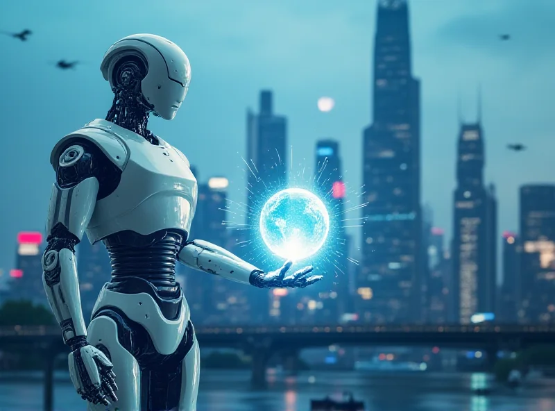 AI robot with a futuristic cityscape in the background.