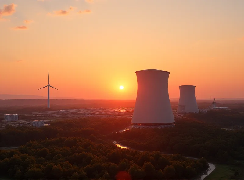 A nuclear power plant at sunset with a clean, modern design.