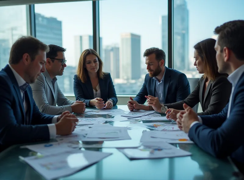 A diverse group of investors discussing stock charts and investment strategies around a table.