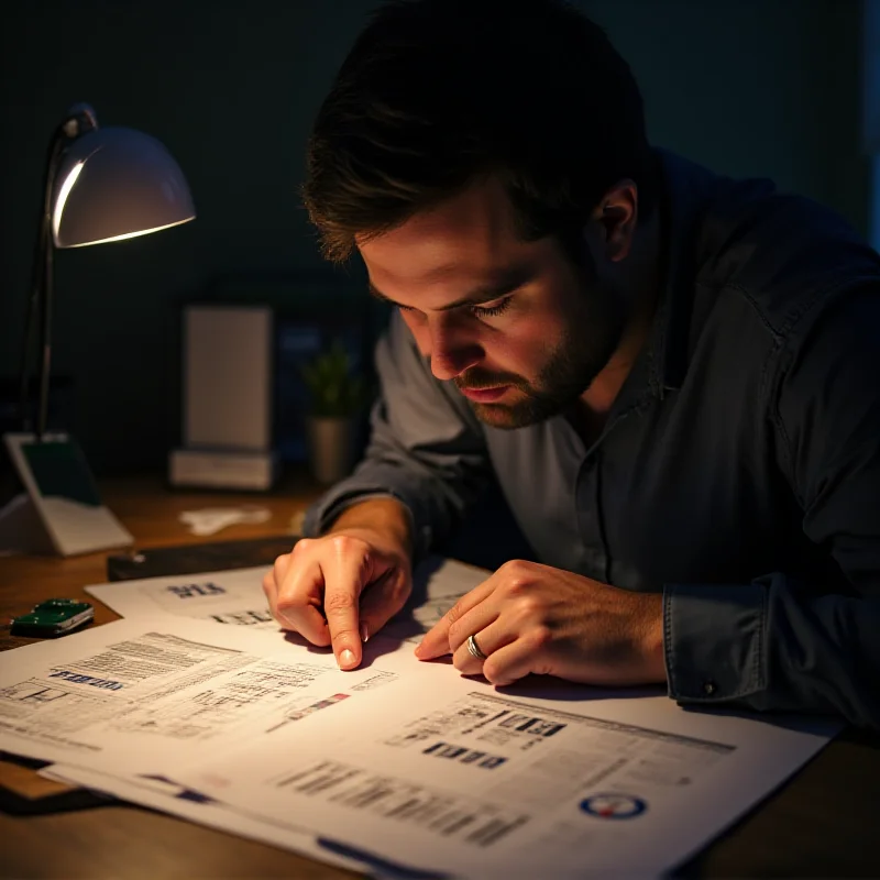 A person thoughtfully reviewing financial documents and charts, illuminated by the warm glow of a desk lamp.
