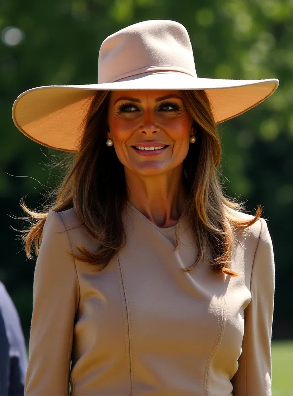 Melania Trump in a wide-brimmed hat.