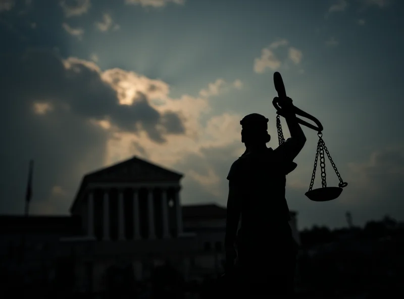 Silhouette of scales of justice against a courthouse.