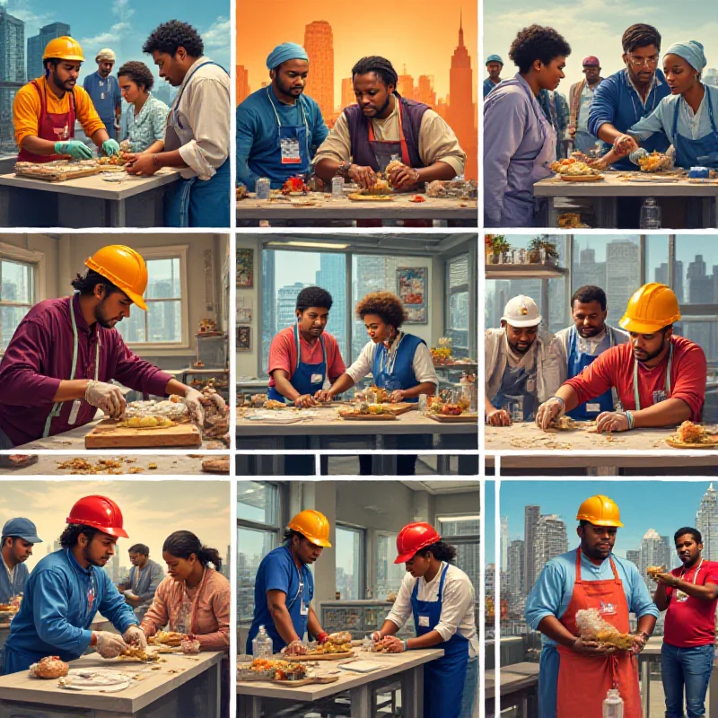 A diverse group of people working in various jobs: construction, food service, and healthcare