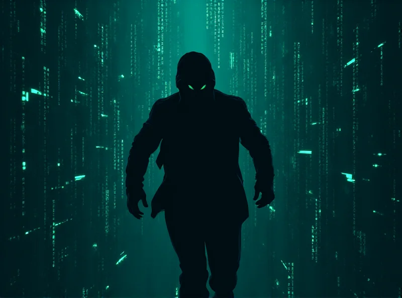 Stylized image of a shadowy figure escaping through a digital cityscape, representing the Black Basta leader evading capture.