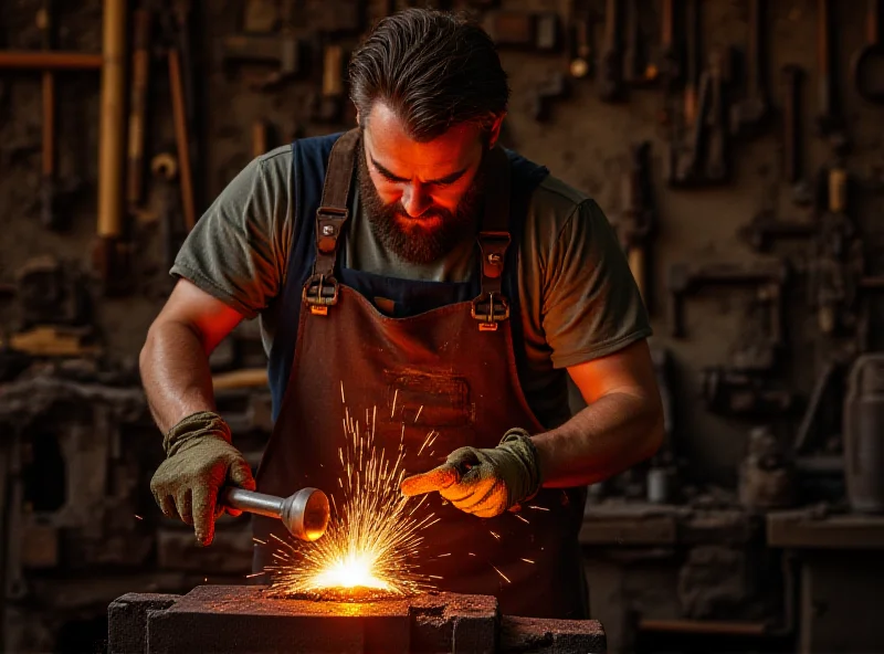 A blacksmith working at his forge, shaping hot metal with a hammer.