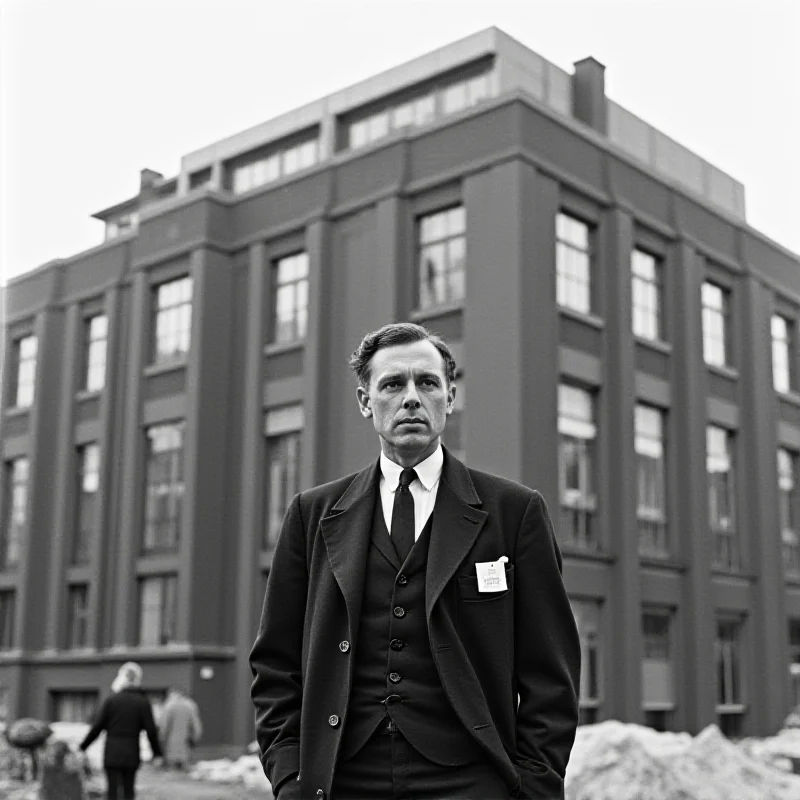 A black and white historical photograph of Ernst May standing in front of a newly constructed apartment building in Frankfurt.