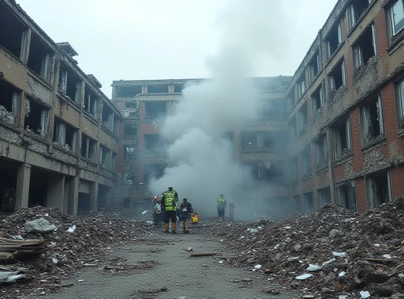 Exterior of a university building with visible damage, smoke rising, and emergency responders on the scene.