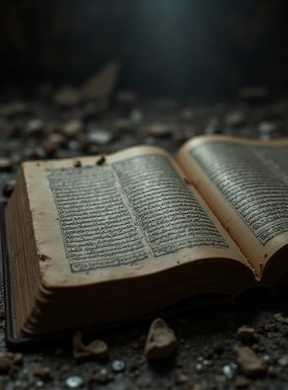 A close-up shot of a prayer book or religious text open on a table, perhaps recovered from the site of the explosion.