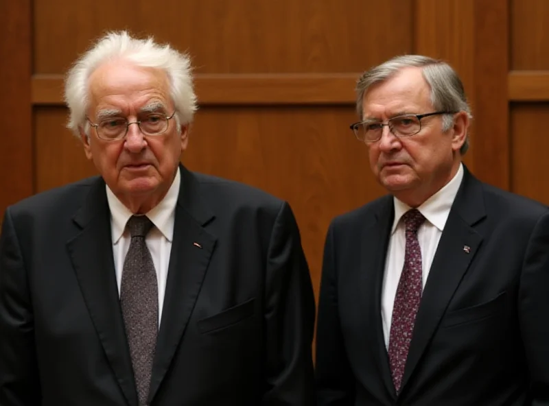Sepp Blatter and Michel Platini in court, looking serious and concerned.