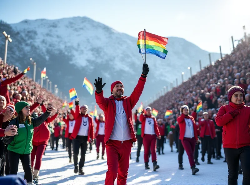 A group of athletes with intellectual disabilities smiling and waving during the opening ceremony of the Special Olympics Winter Games.