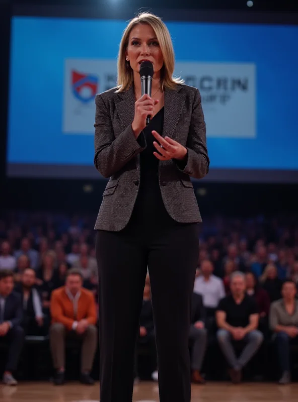 A former volleyball player standing confidently on a stage, addressing a crowd with a microphone.