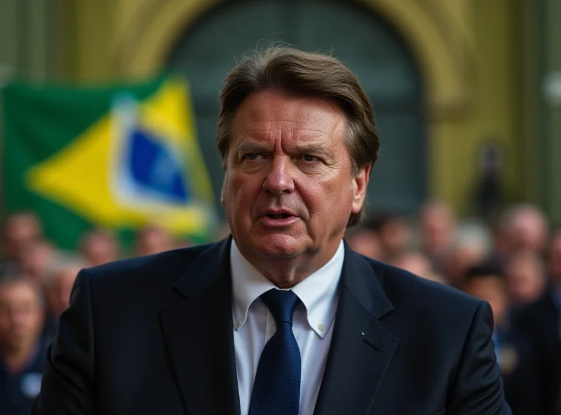 Jair Bolsonaro addressing a crowd, serious expression, Brazilian flag in the background.