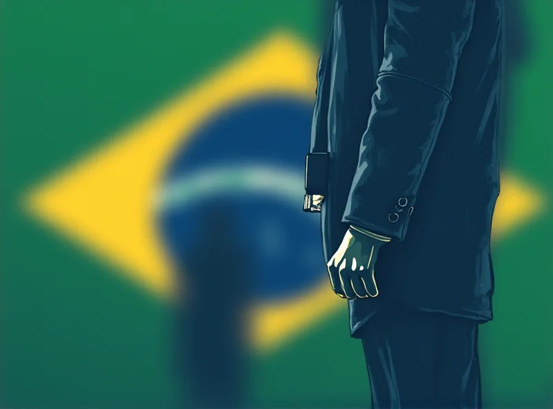 Illustration of a person wearing an ankle monitor with a stylized Brazilian flag in the background.
