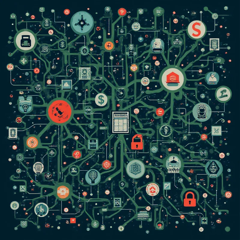 Stylized image representing the fight against organized crime, featuring intertwined networks of money, data streams, and law enforcement symbols.