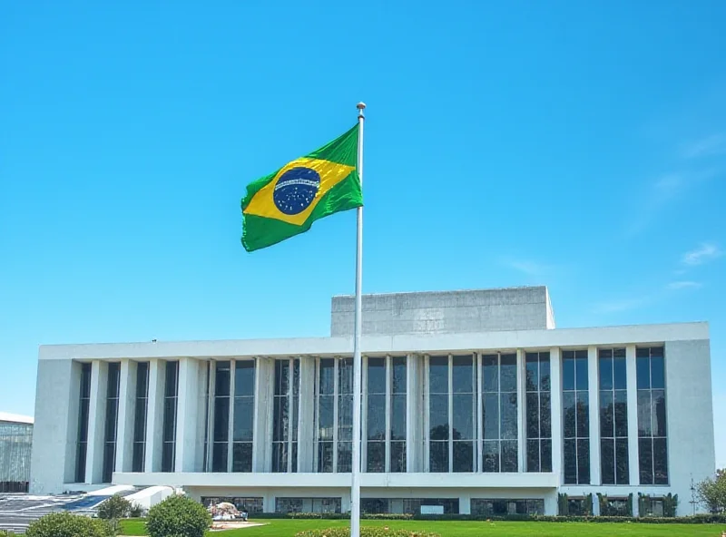 The Supreme Federal Court (STF) building in Brasilia, Brazil, with the Brazilian flag waving in front.