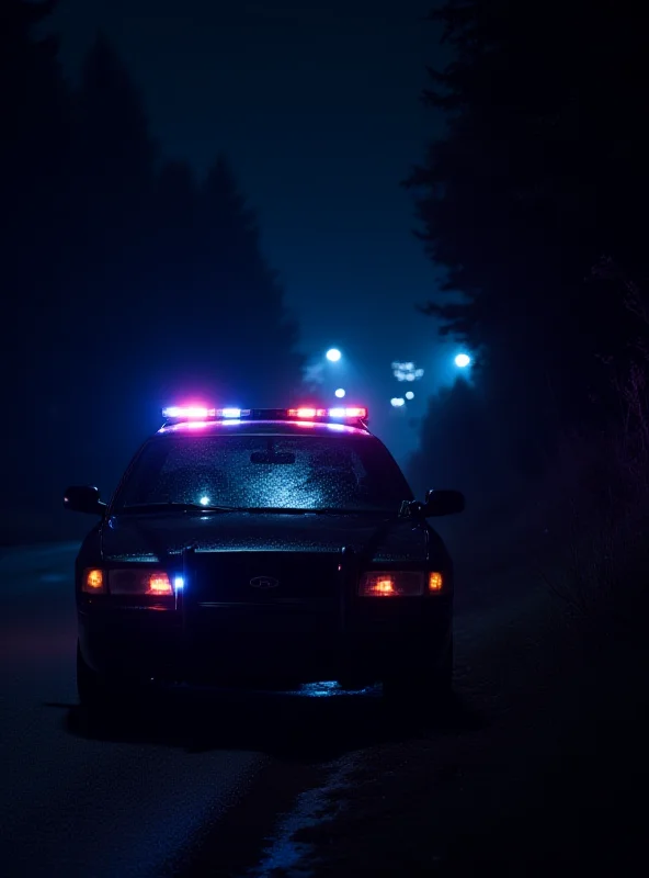 Police car with flashing lights parked on the side of a road during nighttime. The background is blurred to emphasize the police vehicle.