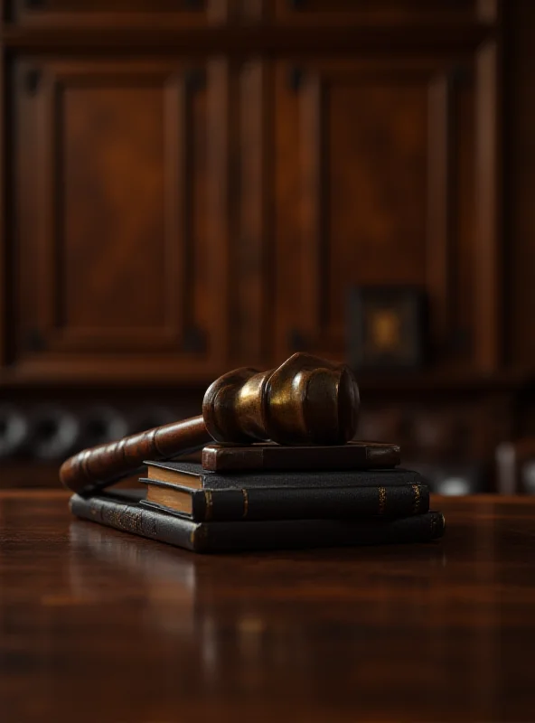A gavel resting on a stack of law books in a courtroom setting.