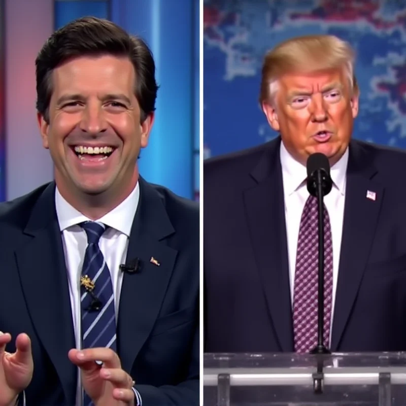 A split screen showing Michael Kosta on The Daily Show and President Trump giving a speech.