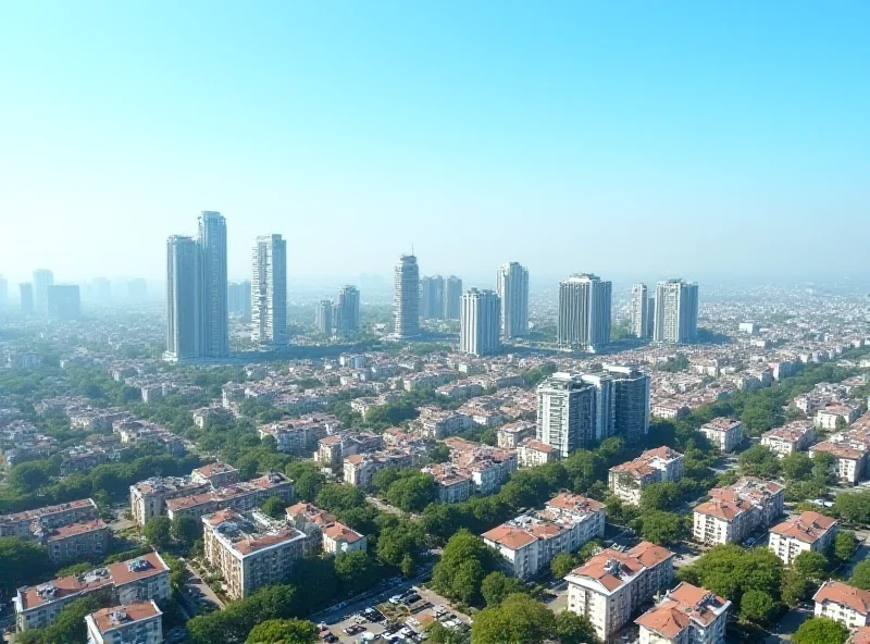 An aerial view of Delhi NCR, showcasing a mix of commercial and residential properties under a clear blue sky, representing the dynamic real estate market.