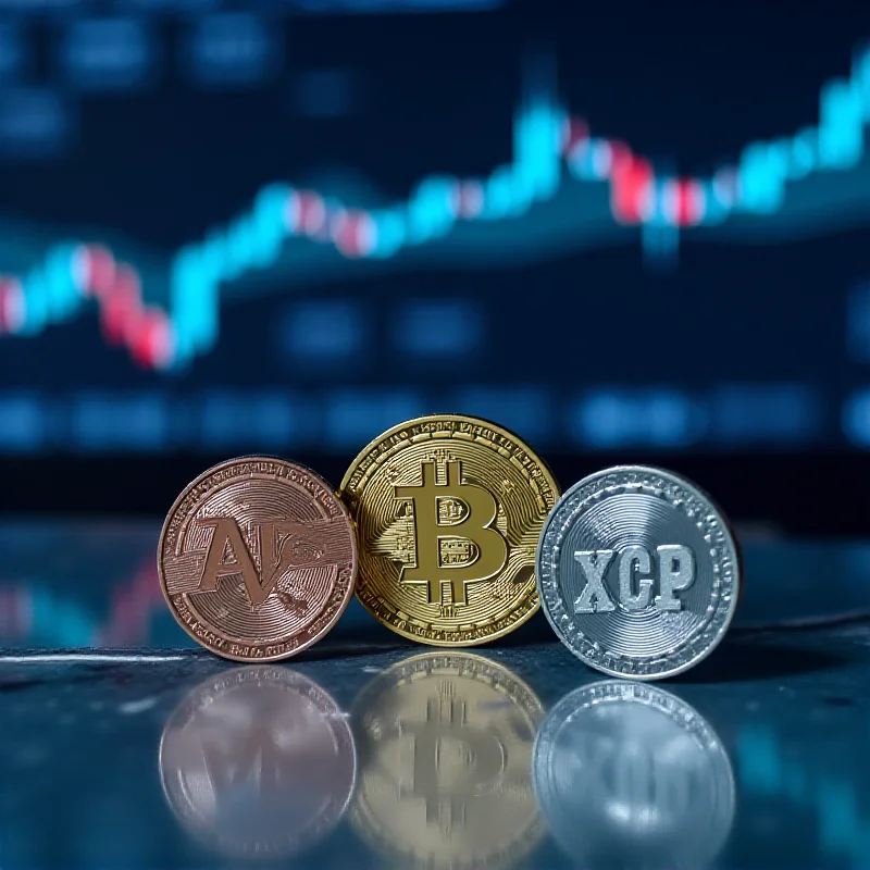 A close-up shot of three distinct cryptocurrency coins representing Ozak AI, ICP, and XRP, resting on a reflective surface with a blurred background displaying financial charts and data.