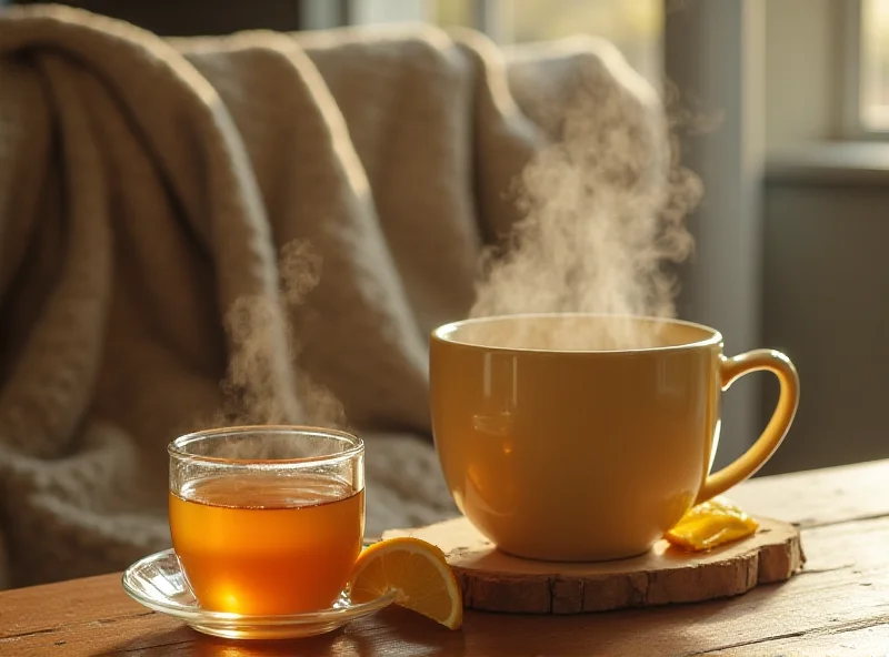 A steaming mug of tea with lemon and honey, with a cozy blanket in the background.
