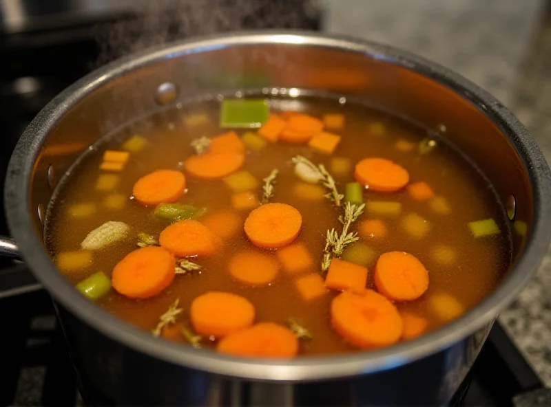 A pot of simmering bone broth with vegetables and herbs, showing the process of making homemade bone broth.
