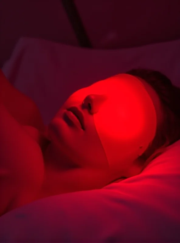 A woman wearing a red light therapy face mask, relaxing in a dimly lit room.