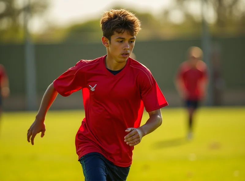 A young soccer player in a Red Bull Bragantino jersey looking determined and focused during a training session.