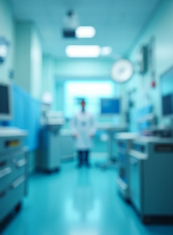 A modern hospital room interior, focusing on medical equipment and a blurred figure of a doctor.