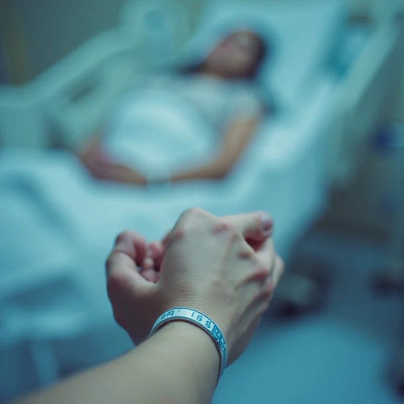 A close-up shot of a hospital wristband with the patient's name (blurred) and medical information.