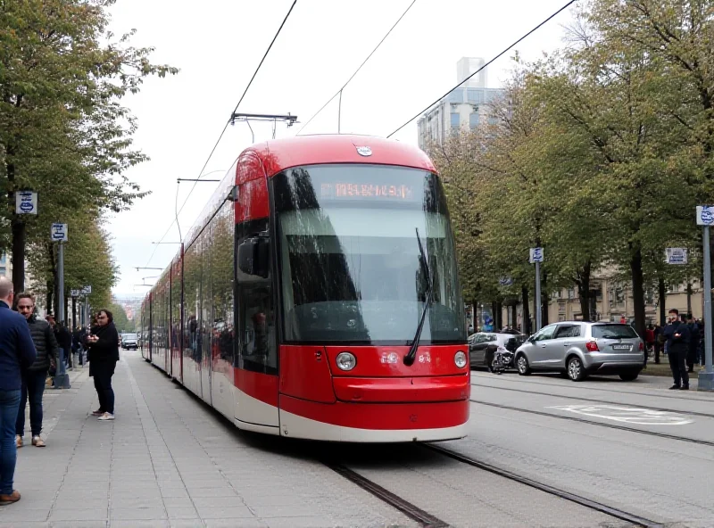 A modern tram travels through a city street in Bratislava, Slovakia. People are waiting at a tram stop in the background.