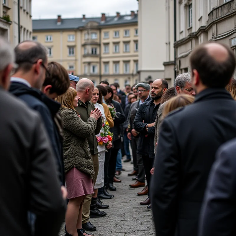 A diverse group of people standing silently in front of a newly unveiled memorial plaque. Some are holding flowers, and others have their heads bowed in remembrance.