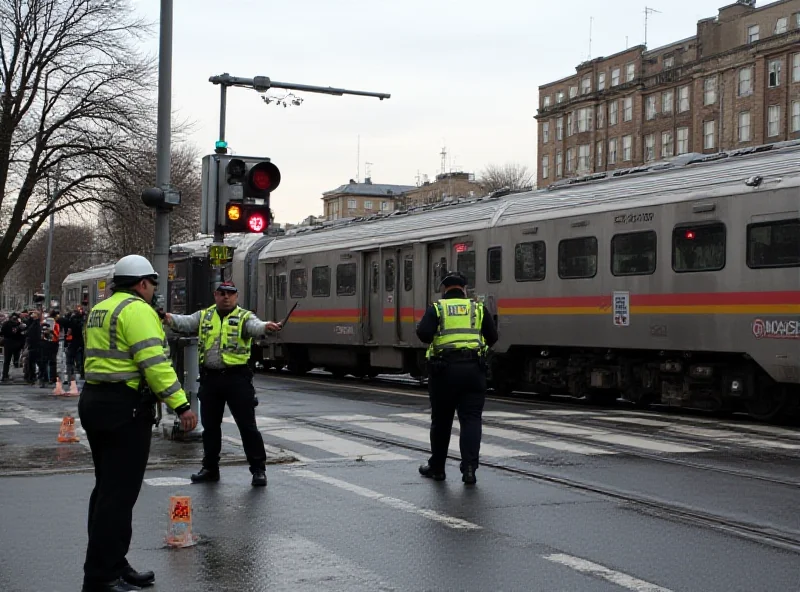 A passenger train stopped at a railway crossing, with police officers directing traffic around the scene.