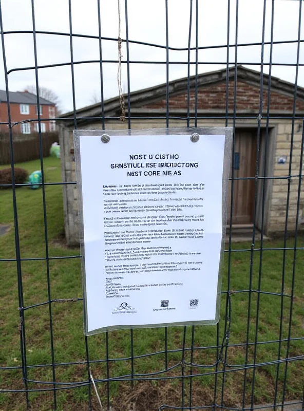 A section of a fence surrounding a small, illegally constructed building, with a notice from the authorities attached.