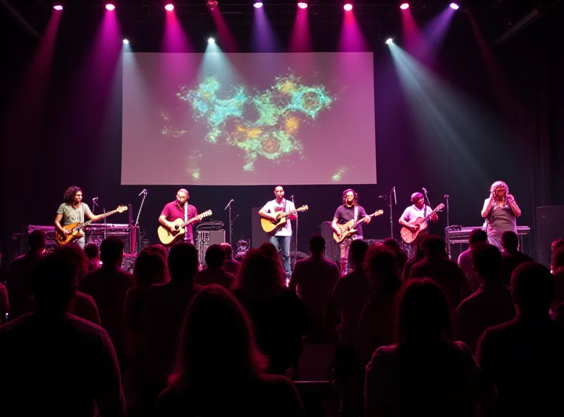 A vibrant scene from the Rec Beat festival in Recife, showcasing a band performing with traditional and electric instruments.