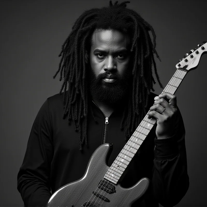 A black and white portrait of Chico Science, a Brazilian musician, playing guitar.