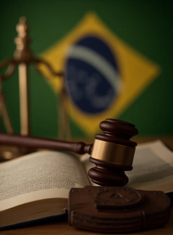 A gavel resting on a law book with the Brazilian flag in the background.