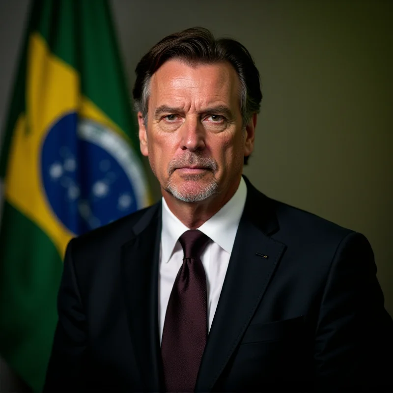 A stern portrait of former President Bolsonaro standing in front of the Brazilian flag, representing the ongoing legal proceedings against him.