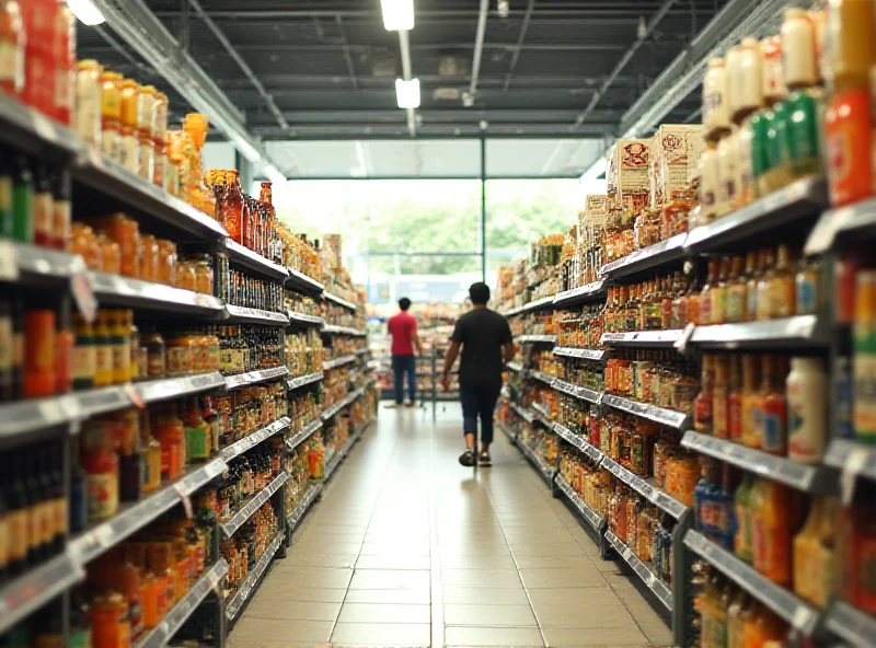A brightly lit supermarket aisle in Brazil, filled with a variety of products. Shoppers are visible in the background.