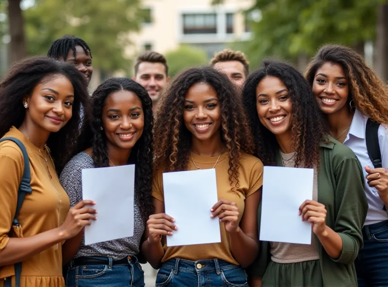 A group of diverse Brazilian students celebrating their university acceptances with smiles and celebratory gestures.