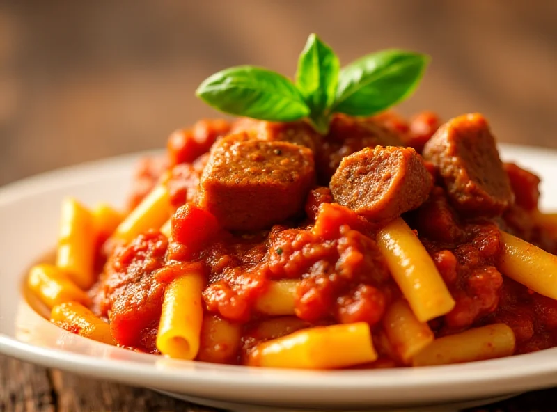 Close-up of a steaming plate of sausage ragu with pasta, garnished with fresh herbs.